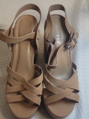 BAMBOO Tan Strappy Slingback Wedge Sandals